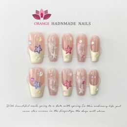 Handmade French False Press On Nail With Rhinestones Full Cover Ballerina Korean Manicuree Decoration Wearable Orange Nail Store 240306