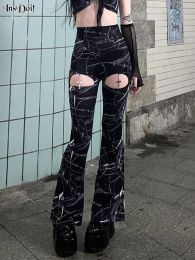 Capris Insdoit Gothic Hollow Out Black Flare Pants Punk Cross Mental Print Trousers Street Haruku Skinny Sexy Transparent Women Pants