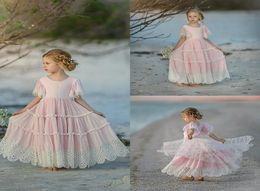 Pink Bohemian Flower Girl Dresses For Weddings Ruffle Lace Little Girls Pageant Dress Jewel Neck Short Sleeve First Holy Communion7491740
