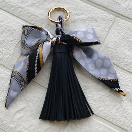 Silk Like Scarf Key Chain Faux Leather Tassels Keyring Daily Fashion Gift Pretty Handbag Charm Backpack Hanging Purse Pendant2461