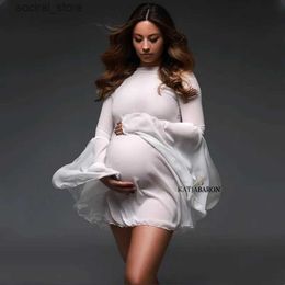 Maternity Dresses White Chiffon Summer Maternity Photography Props Short Dress Flare Sleeve See Through Pregnancy Photo Shoot Short Dress L240308