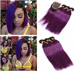 Straight Purple Ombre Virgin Peruvian Human Hair Bundle Deals With Closure 4Pcs Lot Two Tone 1BPurple Ombre Weaves with 4x4 Lace 2963007