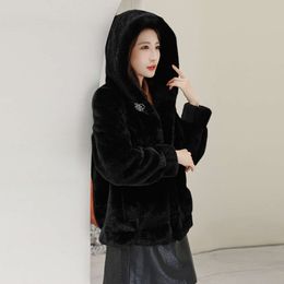 Haining Fur Women's Imitation Thickened Warm Hooded 2023 New Gold Mink Fleece Coat Standing Neck Short Style 813965