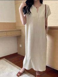 Dress New French Knitted Ice Silk Dress Women Vneck Short Sleeve Casual Loose Long Dresses Korean Fashion Solid Vestidos Robe Femme