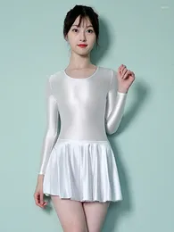 Stage Wear Satin Smooth Glossy Dress Oily Long Sleeve Crotch Sports Swimming Yoga Skirt Ballet Party Leotard