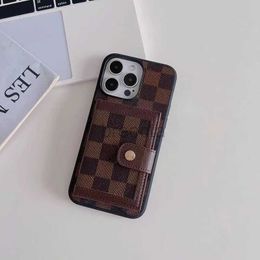 Cell Phone Designer Cases Holders Pockets Wallets for iPhone 15 12 11 Pro Max XR XS 7 8 Plus Luxury Full-body Mobile Covers Fundas Brown Checkerboard 240304