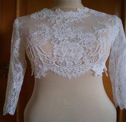 Long Sleeves Lace Bridal Jackets Jewel Neck Appliques Tulle White Ivory Short Bridal Bolero Jackets Wraps Real Image4975888