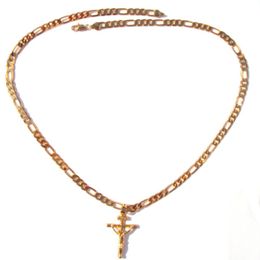 18k Solid Gold G F 4mm Italian Figaro Link Chain Necklace 24 Womens Mens Jesus Crucifix Cross Pendant282j