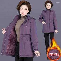 Women's Trench Coats Women Winter Jacket Hood Warm Parkas Fleece Thicke Mid Length Cotton Padded Female Windbreakers Outerwear Mother Coat