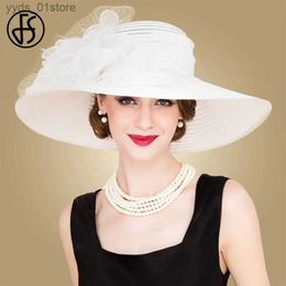 Wide Brim Hats Bucket Hats FS White Elegant Wedding Bride Church Str Hats For Women Ladies Flowers Large Brim Hat Beach Sun Kentucky Dey Hat Fedora L240308