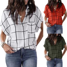 Women's Blouses Vintage Blouse Loose Tops Femme Blusas Short Sleeve Printing Prints Casual Plaid Pocket V-Neck Arts Style