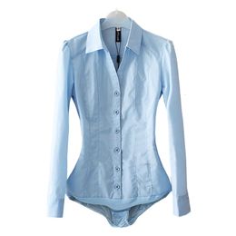 Office Blouse Solid Body Shirt Turndown Collar V Neck Long Sleeve Buttons Up Women Tops and Blouses Light blue White 240308