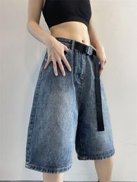 Women's Shorts Belt Splicing Design Wide Leg Retro Denim Unisex Style Capris Summer Female High Waist Loose Short Jeans