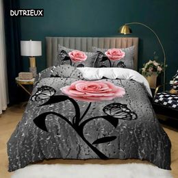 Pink Rose Duvet Cover Set Queen Size 3D Printed Rose Floral Bedding Set Botanical Blossom Flowers Microfiber Comforter Cover 240306