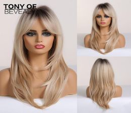 Synthetic Wigs Long Black To Blonde Ombre For Women Afro Cosplay With Bangs Wavy Layered Heat Resistant Fiber5424875