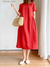 Maternity Dresses Summer Women Dress Casual Loose Short Sleeve A-LINE Oversize Solid Midi Dress Cotton Linen Dresses for Women Vestidos De Mujer L240308