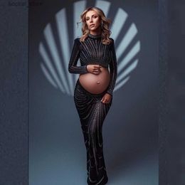 Maternity Dresses Hot Fix Crystal Maternity Photo Shoot Dresses Set Rhinestone Stretchy Pregnancy Photography Outfit Cut Out Women Gown L240308