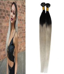 T1Bsilver Grey hair extensions 100s human hair fusion extensions u tip 100g Straight pre bonded ombre hair extensions keratin9232011