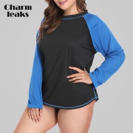 Shirts Charmleaks Women Plus Size Long Sleeves DryFit Shirt UVProtection Rashguard Shirts Rash Guard Top Colorblock Beach Wear