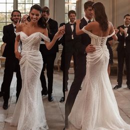 Mermaid 2024 Sparkly Wedding Dresses Off the Shoulder Sequined Bridal Gowns Lace-up Back Robes De Mariee YD