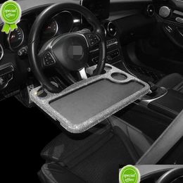 Interior Decorations New Crystal Portable Car Laptop Computer Desk Mount Stand Steering Wheel Goods Drink Tray Bling Accessories Inter Dhnlh