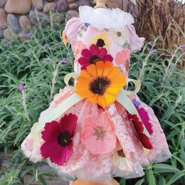 Dog Apparel Luxury Fine Pet Clothes Handmade Embroidered Sunflower Decor Lace Princess Dress For Small Medium Poodle Puppy Skirt