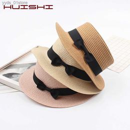 Wide Brim Hats Bucket Hats HUISHI Str Hat Colorful Bowtie Parent-child Panama C Women Girls Sun Hat Beach Ladies Fashion Flat Brim Summer Cs Str L240308