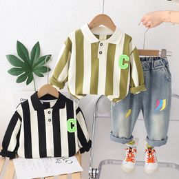 Kids casual clothes sets boys letter embroidery stripe long sleeve POLO shirt Colourful Graffiti jeans 2pcs 2024 children outifts Z7030