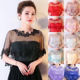 Dresses Women Black Applique Tulle Evening Prom Cape Oneck Solid Soft Elegant Formal Sheer Cape Halloween Wedding Cosplay Shawl Red