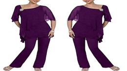 Purple Two Pieces Mother of the Bride Pant Suits Layered Irregual 12 Long Sleeves Chiffon Mother Plus Size Wedding Guest Dress1945340