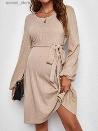 Maternity Dresses Maternity Womens Jacquard Knit Puffy Sleeve Dress With Belt Pregnancy Women Clothes For Fall Winter L240308