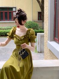 Casual Dresses Green Korean Style Elegant Party Women Bubble Sleeve France Vintage One-piece Dress Retro Fairy Summer 2024