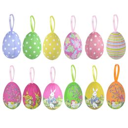 12Pcs Colourful Easter Eggs Hanging Pendant Ornament Foam Rabbit Painting Egg Party Decoration For Home Kids Gifts 240301