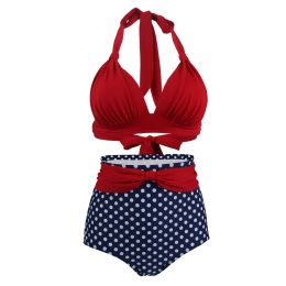 Swimwear Pleated Bikini Red Top Navy Blue With White Dots Bottom Women Classic High Waist Halter Bikini Sets Plus Size Twopiece Swimwear