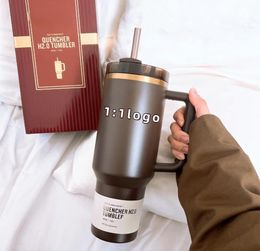 US Warehouse 40oz Golden Chocolate Mug 1:1same Stainless Steel Vacuum Insulated Black Chroma Travel Mug Coffee Mug with Handle Straw 0312