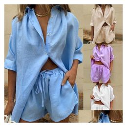 Women'S Tracksuits Womens Women Lounge Wear Shorts Set Short Sleeve Shirt Tops And Loose Mini Suit Two Piece Cotton Linen Summer Tra Dh3Ct