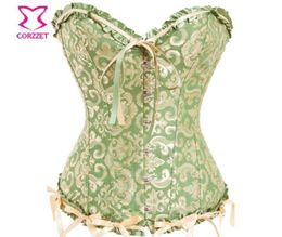 GreenGold Elegant Jacquard Overbust Corset Gothic Clothing W Ribbon Bow Sexy ett For Women Victorian Corsets and Bustiers8197694