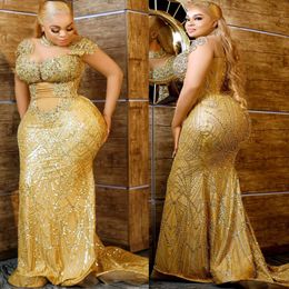 2024 Aso Ebi Illusion Gold Mermaid Prom Dress Beaded Crystals Evening Formal Party Second Reception 50th Birthday Engagement Gowns Dresses Robe De Soiree ZJ121