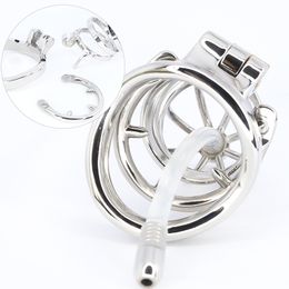 Male Chastity Device with Urinary Catheter Metal Chastity Belt Device Silver Cock Cage with Spiked Ring Sex Toys for Men