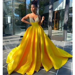 Glitter Yellow Beads Sequined Formal Long Prom Dress Dubai Arabic Robe De Soiree Party Evening Gowns