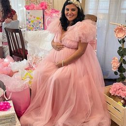 Pregnancy Woman Dress Lace Pography Clothes Short Sleeve Dresses Tulle Maternity V Neck Split Skirt Poshoot Props 240228