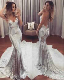 Sequined Bling Mermaid Prom Chic V Neck Spaghetti Strap Sexy Backless Evening Dresses Party Gowns Fishtail Beach Bridesmaid Holiday