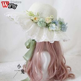 Wide Brim Hats Bucket Hats Harajuku Women Girls Summer Wide eaves Str Hats Beach Sun Hat Sweet Lolita Lace Flower Str Hat ladies sunhat Handmade L240308