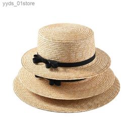 Wide Brim Hats Bucket Hats Flat str hat spring summer ladies 5cm 7cm 9cm wide brim boater hat vacation sunshade beach Fedora Str hat with black bowknot L240308