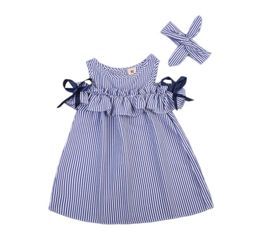 New Summer Toddler Kids Baby Girls Lovely Clothes Blue Striped Offshoulder Ruffles Party Gown Formal Dresses8438851