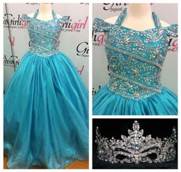 2021 Pretty Girls Pageant Dresses Turquoise with Halter Neck and Crystals Details Real Po Beading Ballgown Girls Birthday Gowns3222574