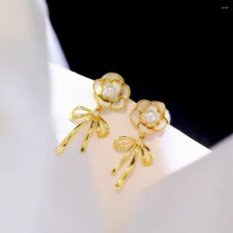 Dangle Earrings UNICE Camellia Flower Real 18K Original Yellow Gold Jewelry AU750 Pearl Bowknot Diamond Drop Earring For Women Gift