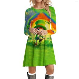 Casual Dresses Ladies Fashion St. Patrick's Four Leaf 3D Print Crew Neck Long Sleeve Dress Midi For Women Summer