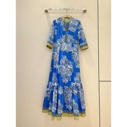 Summer Short Sleeve Blue Midi Dresses Women New Noble Floral Printed Waist Pliced Skirt Ladies Clothing 2024 Collection Fz2403081