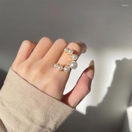 Cluster Rings Geometric Pearl Paved For Women Adjustable Statement Open Ring Fashion Personality Finger Jewelry Gift